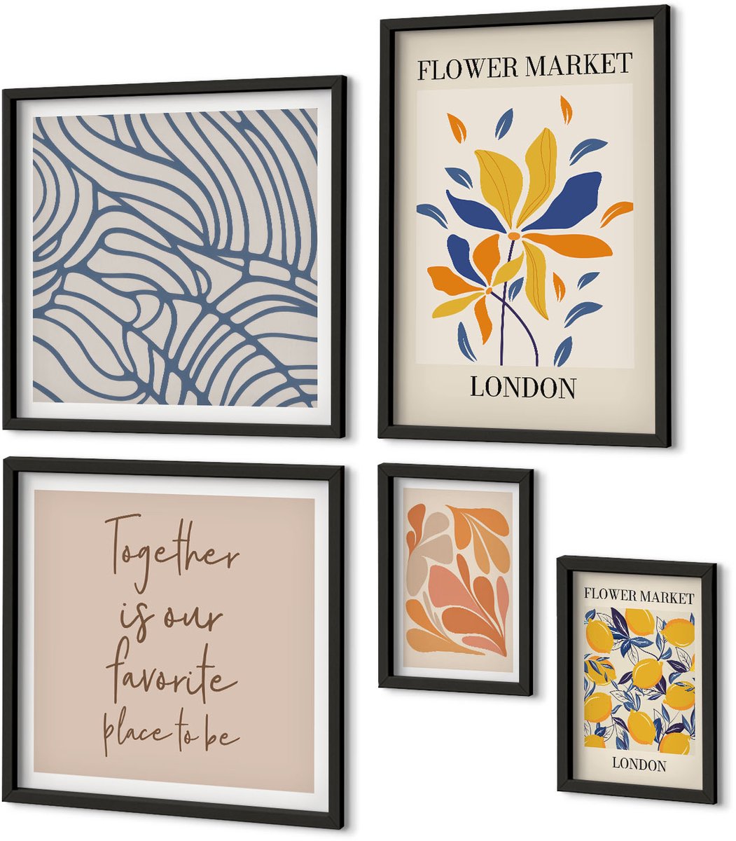 Coloray 5-Delige Schilderij Set - Bloemmotieven En Gestileerde Letters Uit Londen - 50 x 50 cm, 20 x 30 cm En 40 x 60 cm - Muurdecoratie - Wanddecoratie - Hal - Woonkamer Decoratie