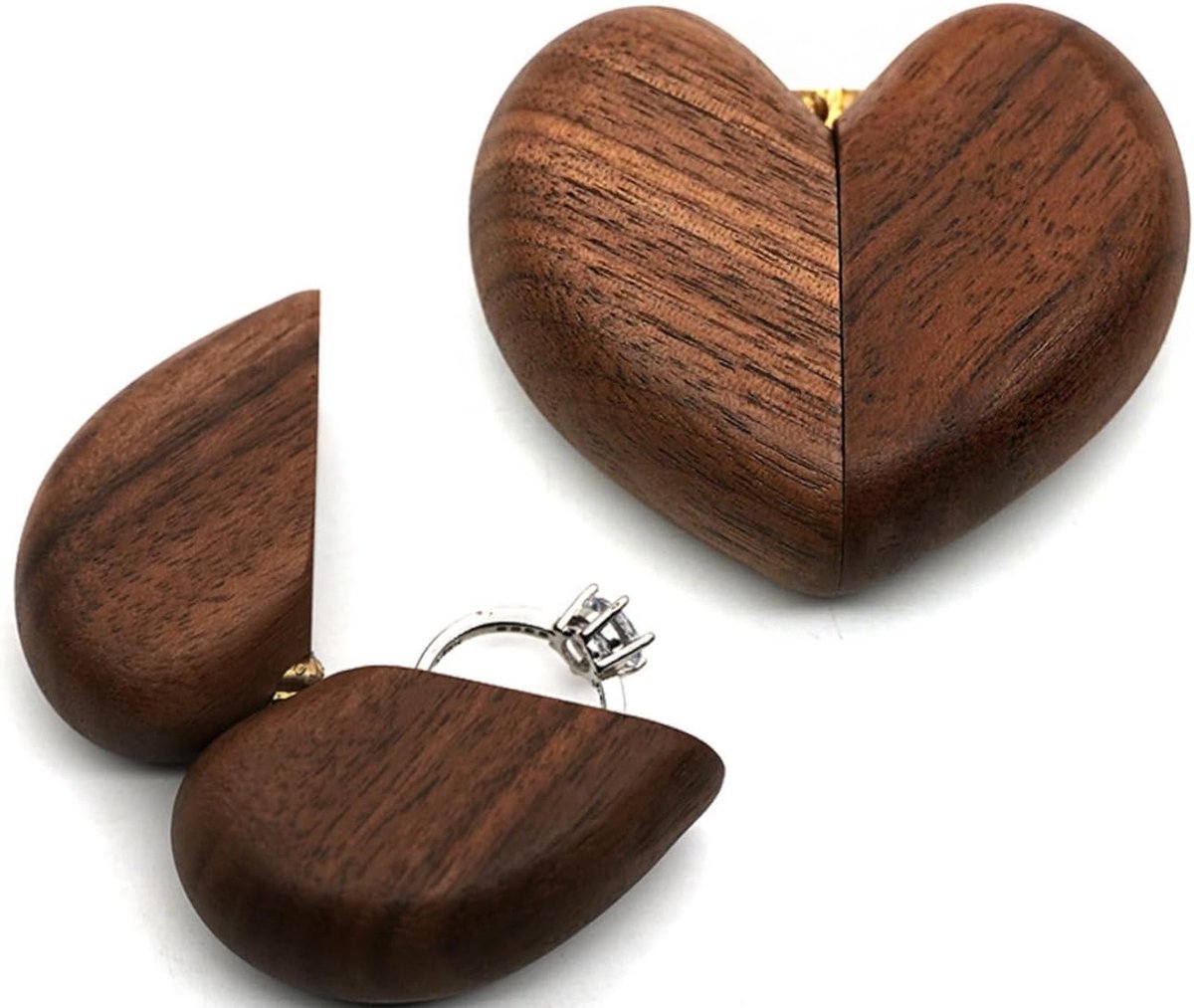Hartenvormige Ringdoos - Houten Verlovingsdoosje - Zakformaat en Discreet - Geschikt voor Bruiloft en Verloving - Ringhouder voor Bruidsjonker - Zwart Fluweel Binnenkant - Stevig en Elegant - Compact Ontwerp - Herbruikbaar - 1 Stuk