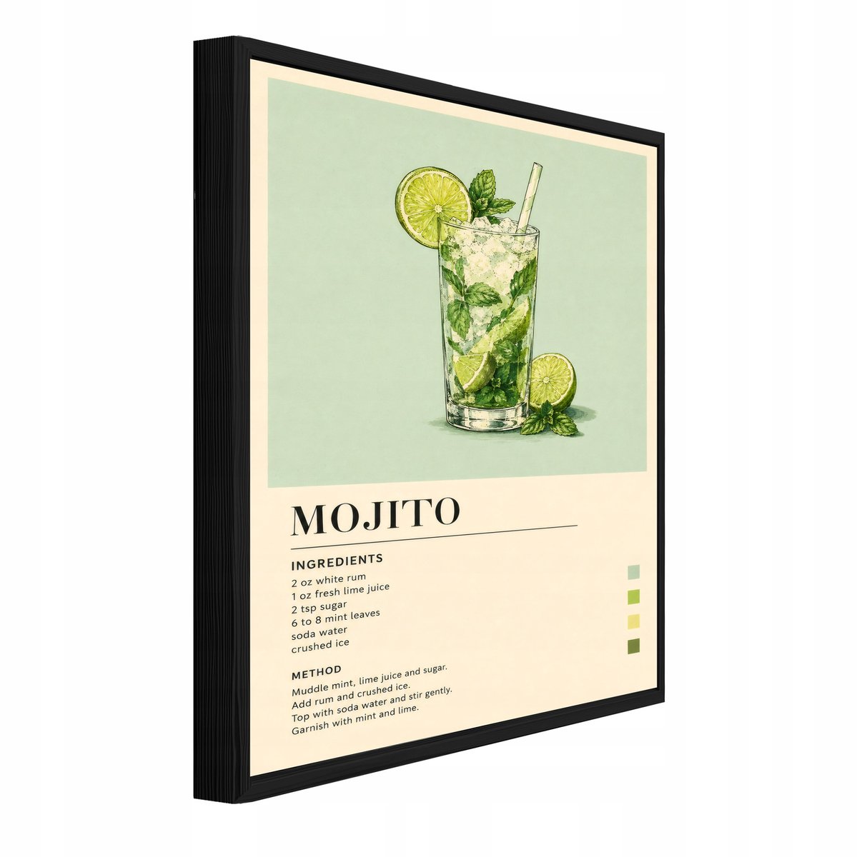WALLARENA Schilderij op canvas met zwarte lijst - 40x30 cm - Mojito cocktailrecept in retrostijl - voor keuken en thuisbar Groen
