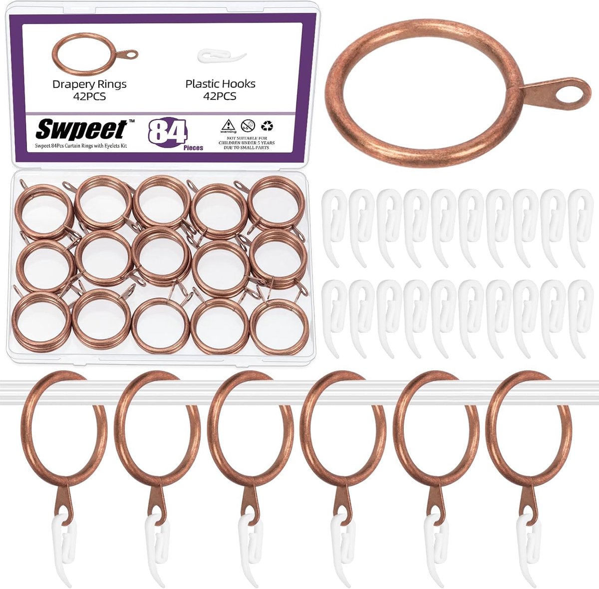 Swpeet 84Pcs 30mm rode koperen metalen gordijnring met kunststof gordijnhaak assortiment kit, gordijn schuifende - ShopVlot