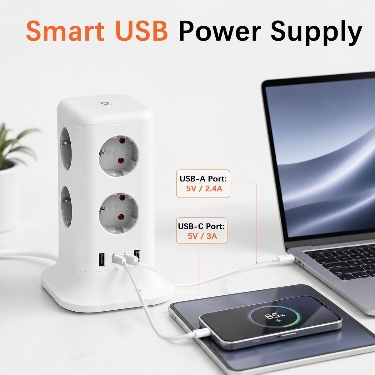 Stekkerdoos 8-voudig met USB C - Inclusief nachtlampje - Overspanningsbeveiliging - Ideaal voor thuis en kantoor - ShopVlot
