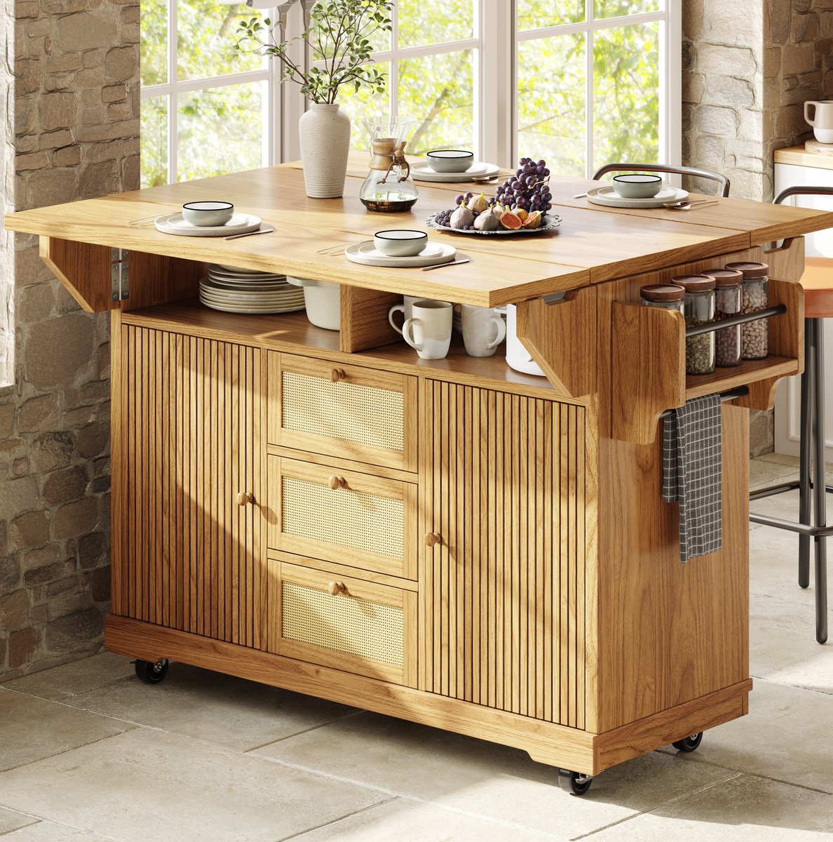 HAUSS SPOLE Keukeneiland Opklapbaar Met Opbergruimte En Wielen Voor Keuken Balkon En Kamperen Houtkleur MDF 142.5 Cm