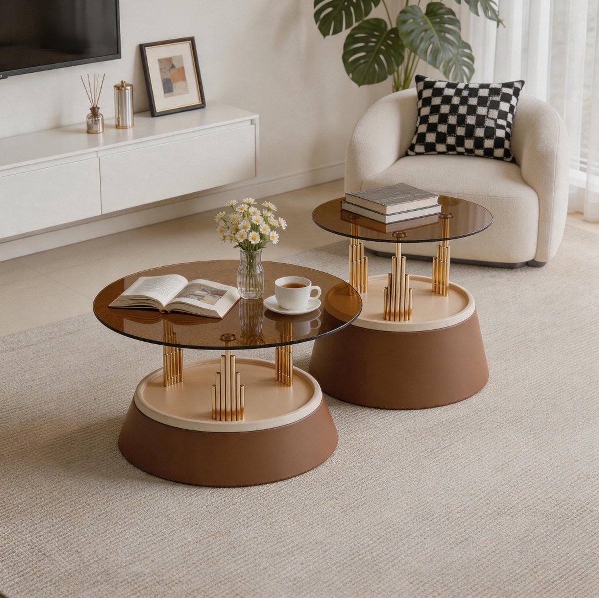 HAUSS SPOLE Salontafel Set Van 2 - Ronde Glasplaat En Metalen Frame - Modern Nestend Design Voor Woonkamer - Bruin - 70 X 60 X 48 Cm