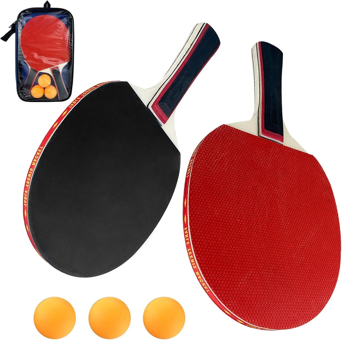 Tafeltennisnetje voor elke tafel - Tafeltennisbatjesset - 2 Batjes, 3 Ballen, Draagtas - Premium Houten Batje met Rubber - Voor Kinderen en Volwassenen