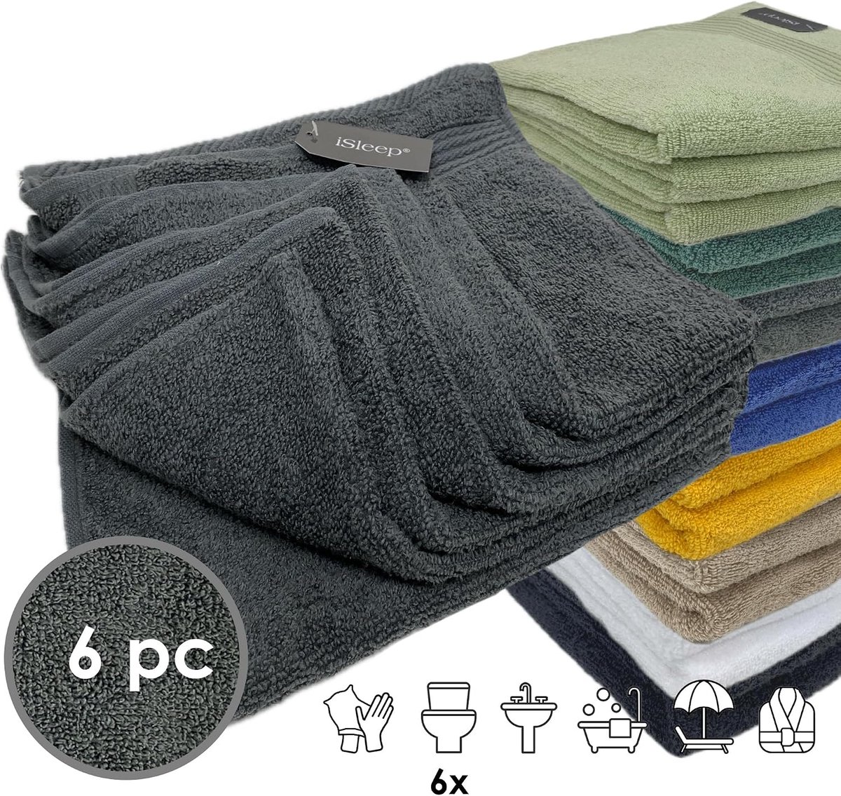 iSleep Set Bath textiles 6x Guest towel 30x50cm (Anthracite) - ShopVlot