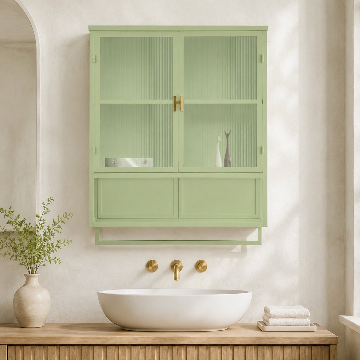 Hauss Spole Wandkast Groene Glazen Deuren Modern Met Twee Niveaus Open Vak En Handdoekrek Voor Hal Woonkamer En Badkamer 60x23x78 Cm