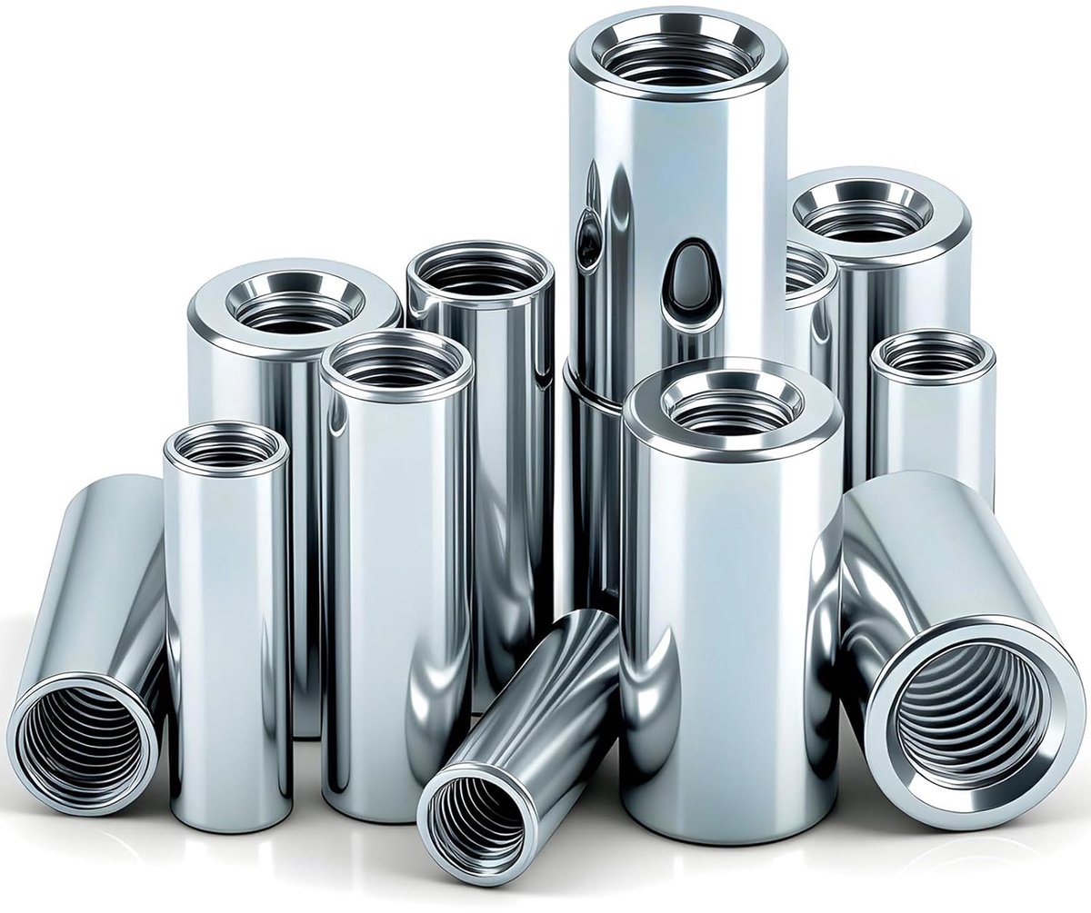 Pack of 12 long nuts, round, M4 x 12 x 8 mm, threaded sleeve, galvanised steel, connection nuts, threaded sleeves - ShopVlot