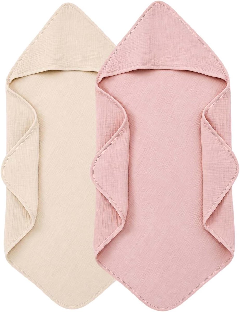 Set van 2 babyhanddoeken met capuchon, van mousseline katoen, babyhanddoek met capuchon, 7-laags en absorberend - ShopVlot