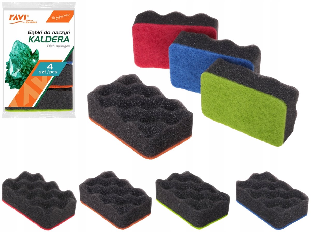 Kaldera Ravi Keukensponsjes 4 stuks - Zwart met Kleurrijke Schuurlaag