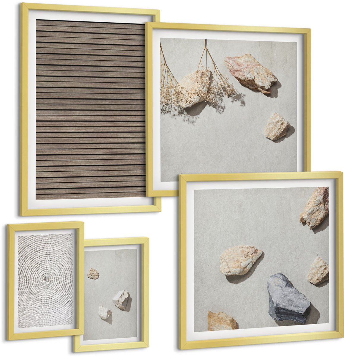 TULUP 5-Delige Schilderij Set - Natuurlijke texturen: hout, stenen, touw - 50 x 50 cm, 20 x 30 cm en 40 x 60 cm - Stijlvolle Muurdecoratie - Kantoor - Wanddecoratie Gouden lijst