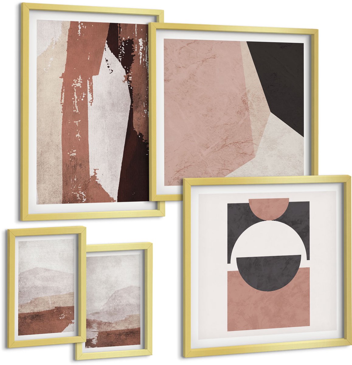 TULUP 5-Delige Schilderij Set - Abstracte composities in aardetinten en geometrische vormen - 50 x 50 cm, 20 x 30 cm en 40 x 60 cm - Schilderijen Set - Wanddecoratie - Woonkamer - Decoratieve Schilderijen Gouden lijst