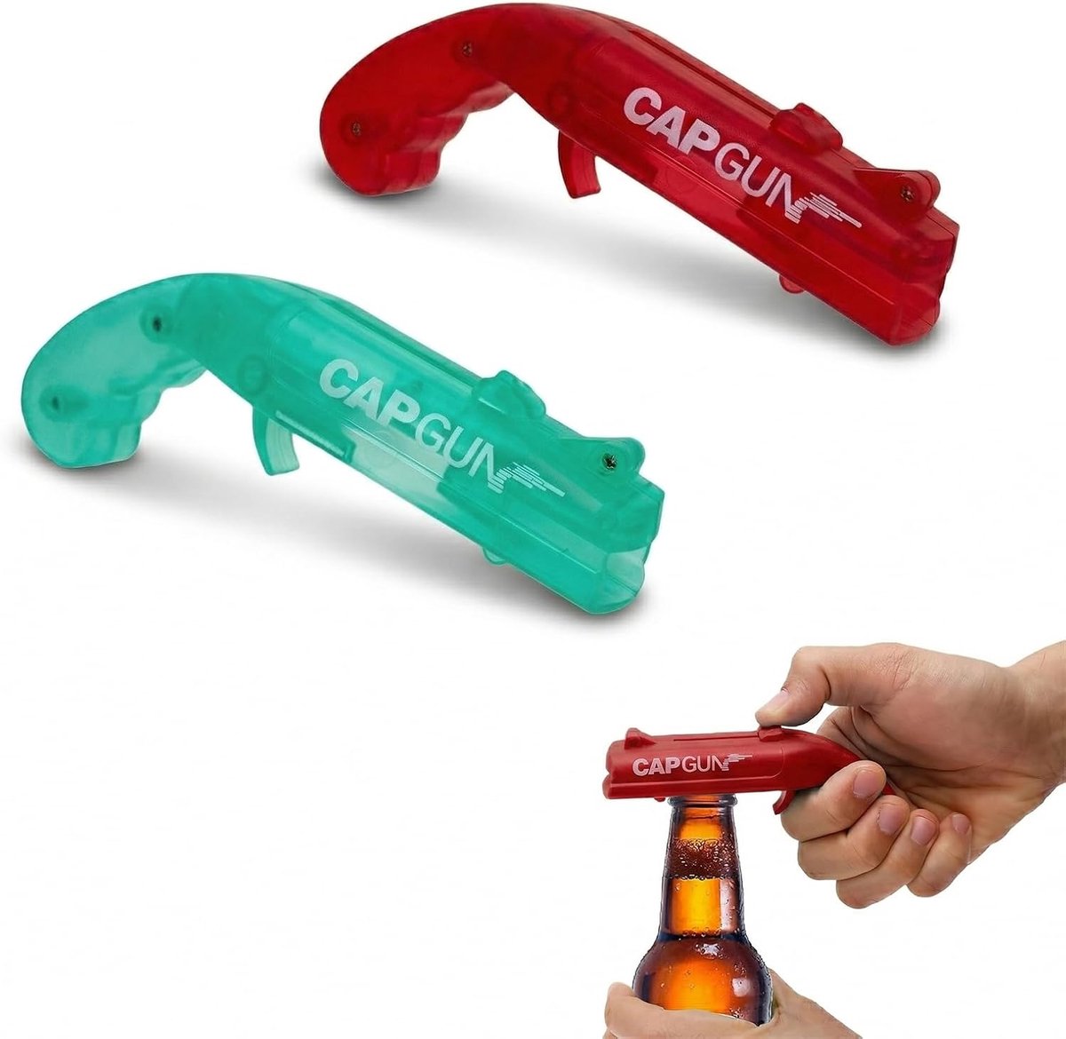 Set of 2 Bottle Opener for Beer, Bottle Opener Cap Gun Plastic Unusual Gadget for Bar and Evening, Cork Thrower (Blue - ShopVlot