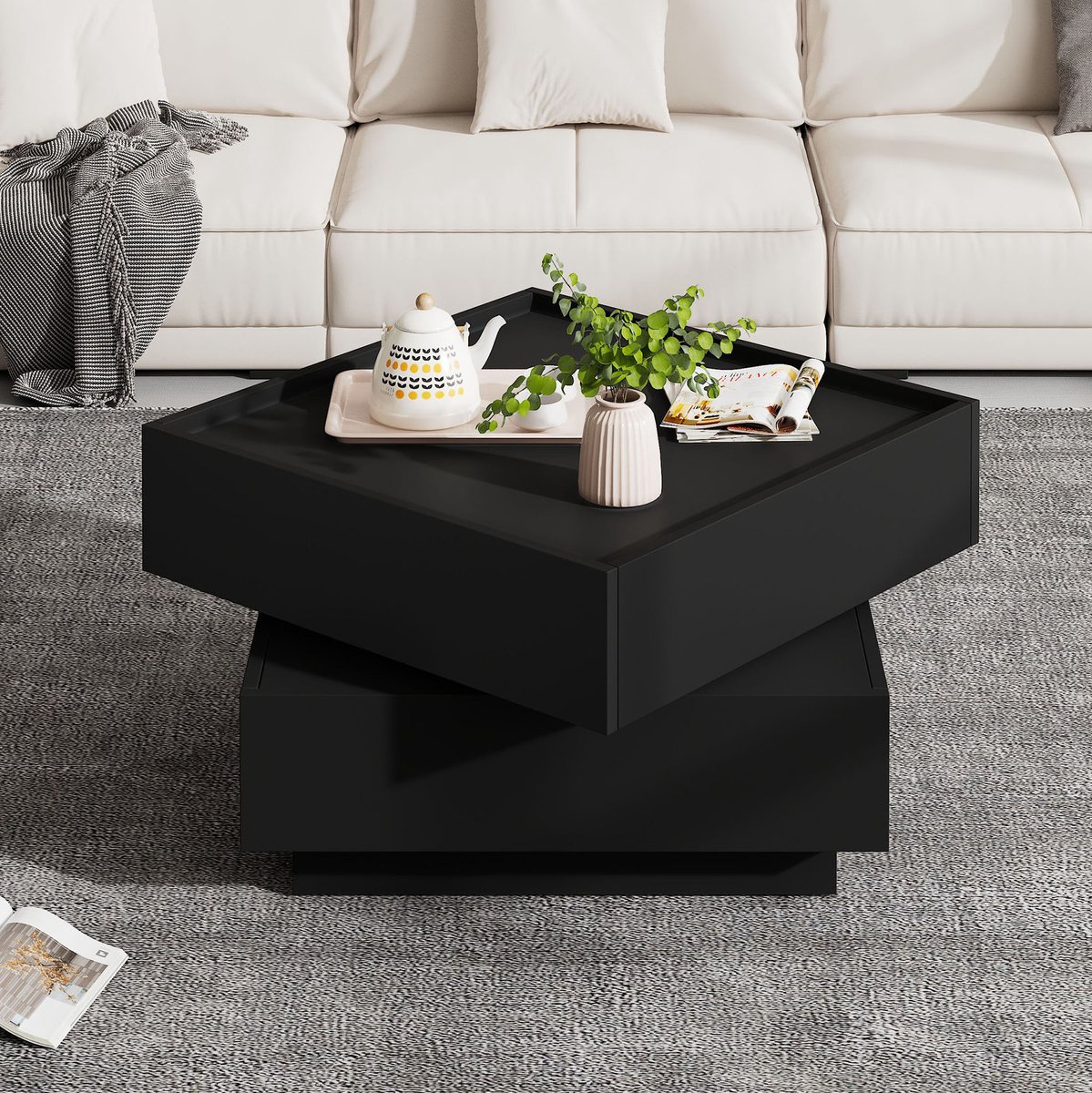MODENUIT Salontafel - 360° Draaibaar Blad Met 2 Laden En Opbergruimte - Zwart - 60x60x38 Cm