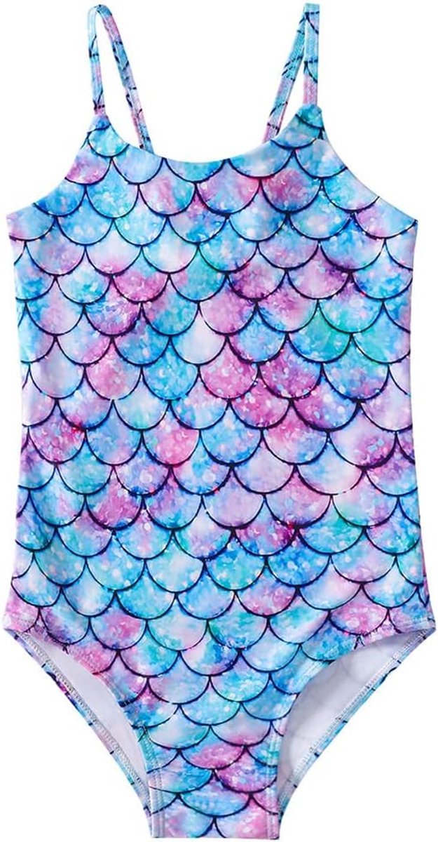 Meisjesbadpak met zeemeerminnenschubbenpatroon, blauw-roze sterrenstelsel design, dragerstijl - ShopVlot