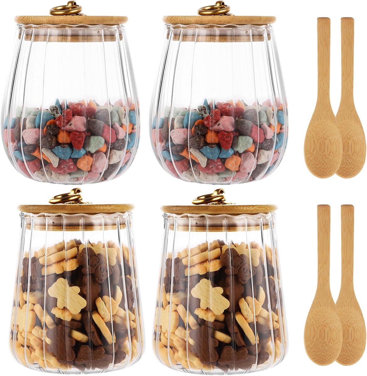 MIVIDE Set of 4 Storage Containers, Wooden or Bamboo Lids, Round and Triangular, for Tea, Coffee, Spices, Snacks (650 - ShopVlot