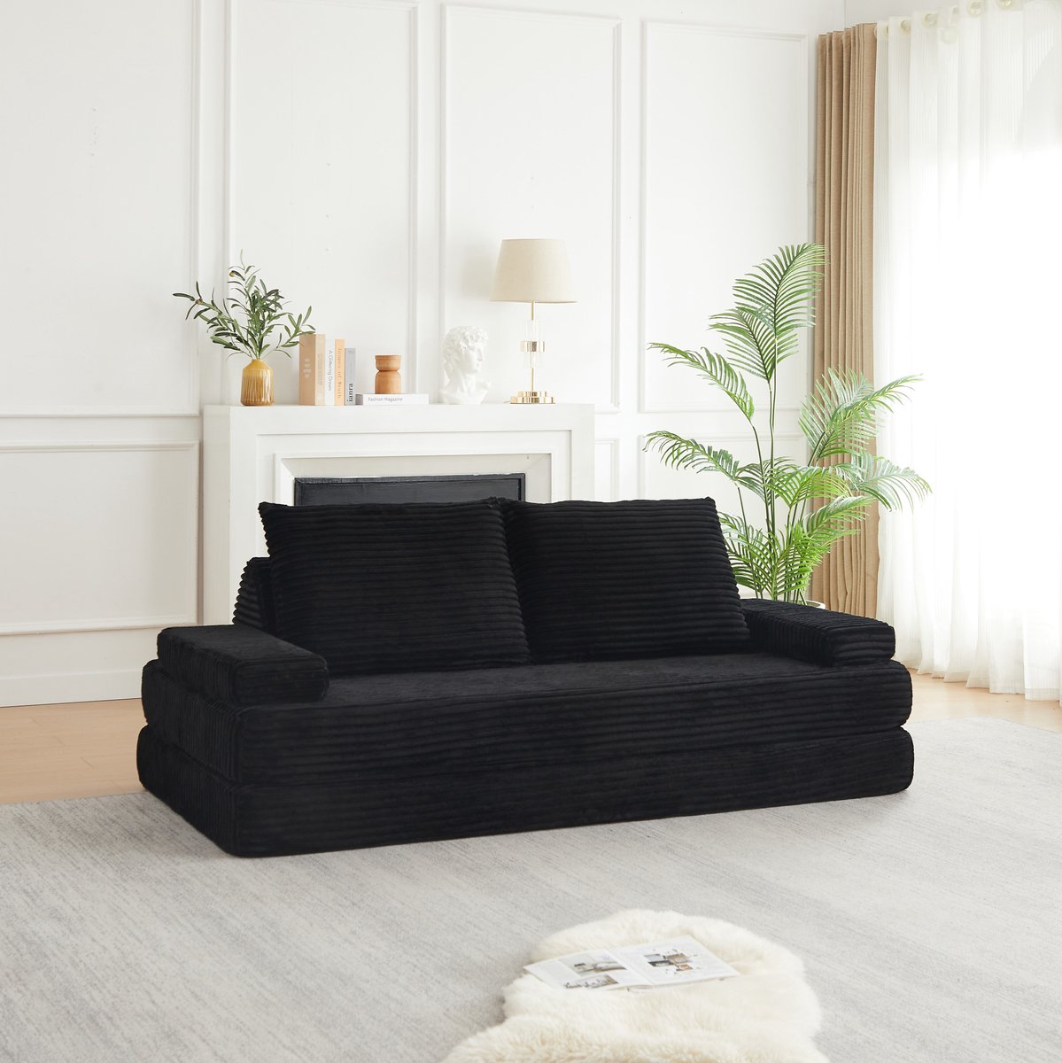 Modulaire Slaapbank 2-Zits 211,5 Cm – Verstelbare Armleuningen En Driehoekige Rugleuningen – Voor Woonkamer En Logeerkamer – Stof – Zwart