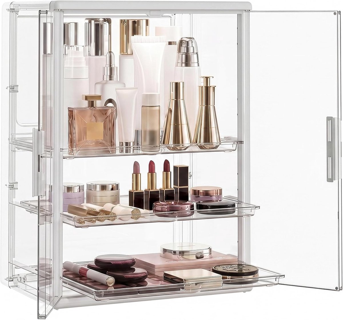 Transparent Makeup Organiser, 3 Levels White Frame Double Doors, Makeup Organizer with Extendable Partitions - ShopVlot