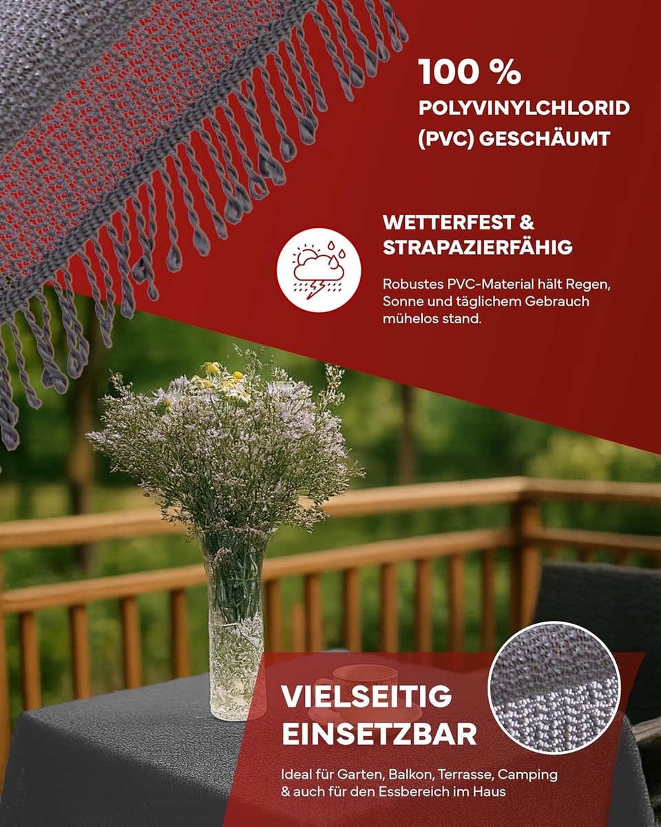 TextilDepot24 Garden Tablecloth with Fringes, Weatherproof, Foamed, Non-Slip, Oval 140 x 180 cm, Dark Grey - ShopVlot