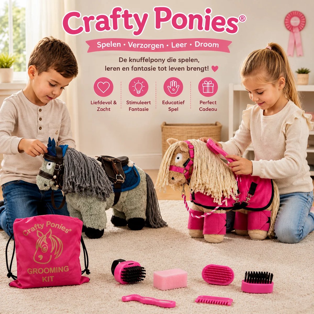 Crafty Ponies Paarden Knuffel - Ponies Knuffels - Pluche Knuffels - Knuffel - Voor kind & baby - Baby Knuffel - Pluche Paarden - Educatief Speelgoed - Speelgoed Kind - Cadeau Meisje - 48cm - Bruinbont — afbeelding 15