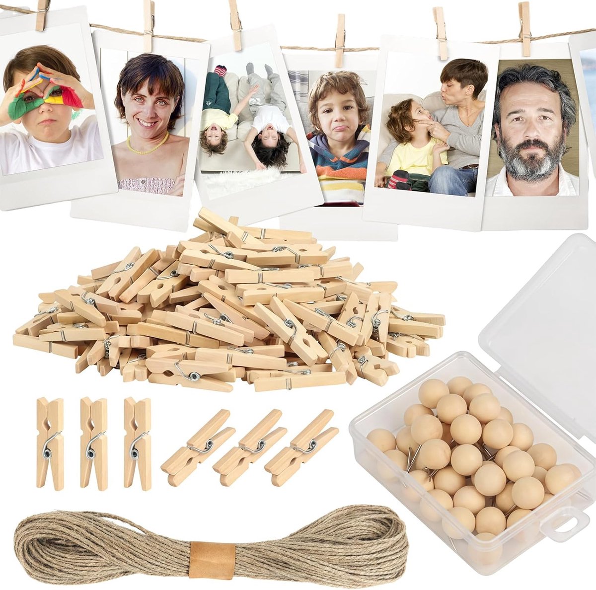 100 Pcs Houten Knijpers om Foto's op te Hangen, Mini-Wasknijpers met Touw, Ophangknijpers voor Foto's, Afbeeldingen - ShopVlot