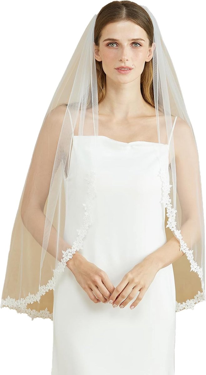 BEAUTELICATE Bridal Veil with Lace Trim Fingertip Veils with Comb Ivory White Tulle Veil for Classic Wedding Dress - ShopVlot