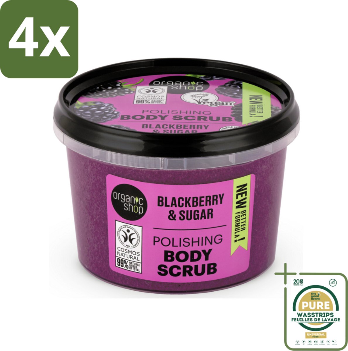 Organic Shop - Body Scrub Blackberry - Verfrissend en Hydraterend - 250 ml - Voordeelverpakking - 4 stuks - Braam - Organische
