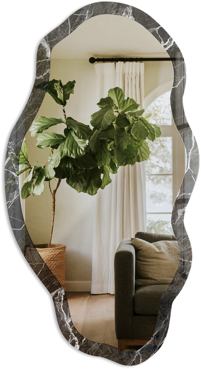 TULUP Zwart Marmer Spiegel - Zwart Stijlvolle Wandspiegel - Organische Spiegel - Badkamer, Woonkamer, Kantoor - Modern - 45x90 cm - Totale afmeting 52x97 cm Zwart Marmer, Zwart