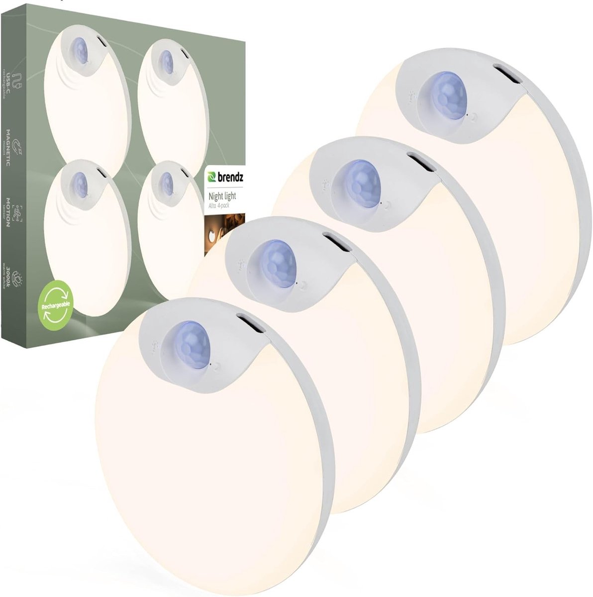 Sensor lampjes met bewegingsmelder - Warmwit - Ø 8 x 2,4 cm - Dimbare LED Nachtlampjes met USB-C Oplaadbaar - Set van 4