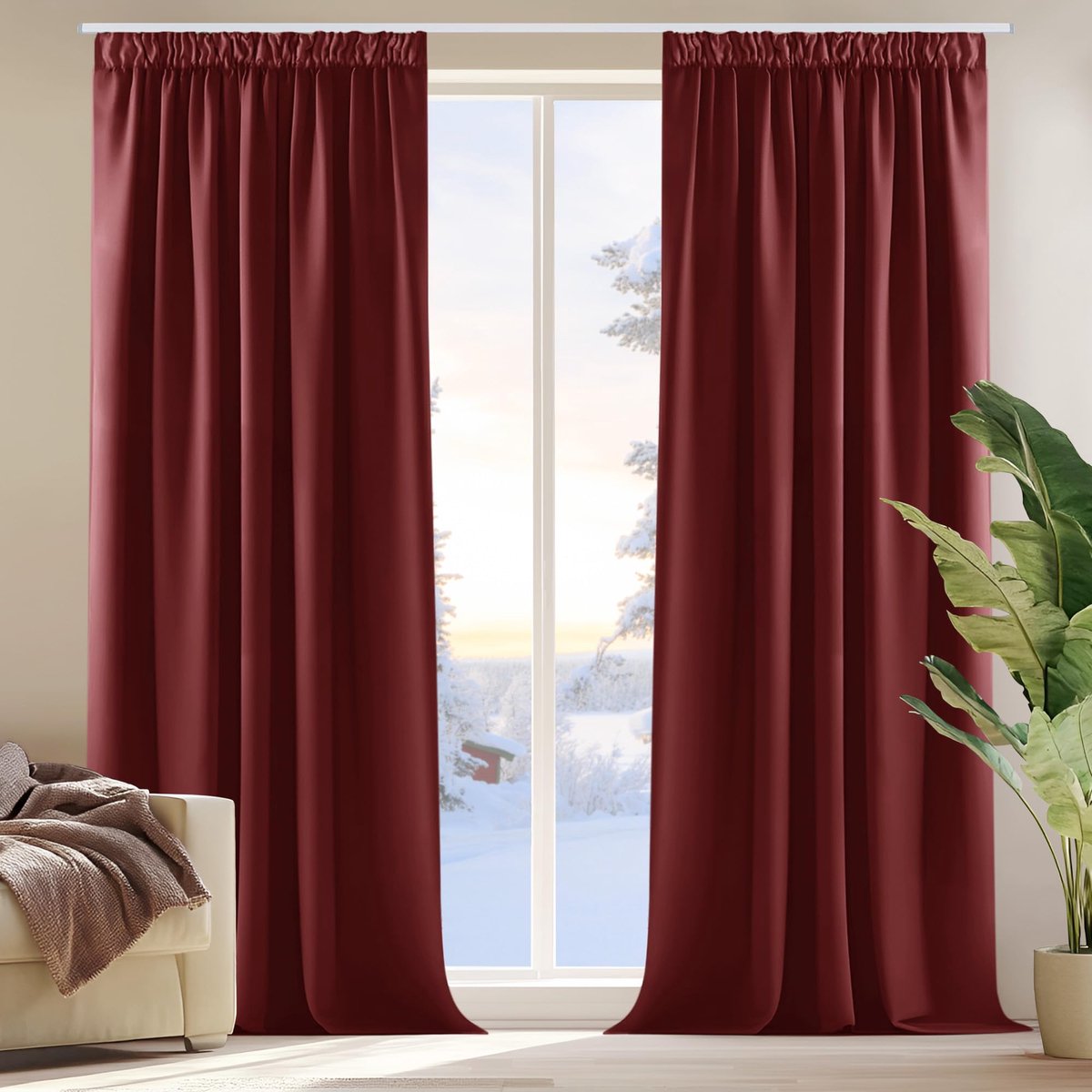 Famanu Warmtewerend gordijn, 140 x 175 cm, set van 2, donkerrood, perfect voor isolatie en privacy