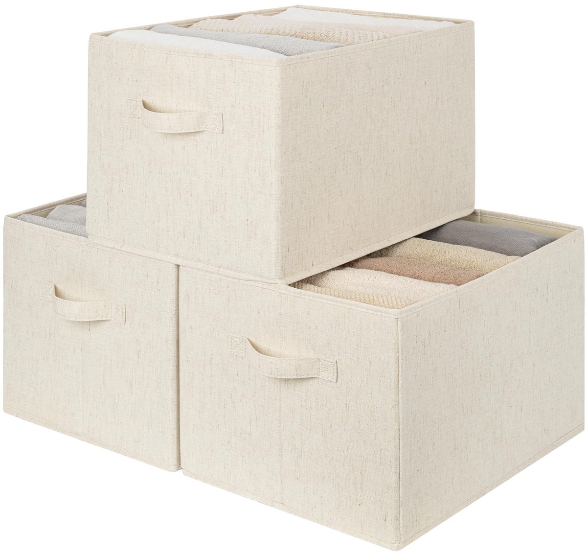 Famanu – Grote opbergdozen set van 3 stuks voor organisatie, opvouwbare stoffen opbergmanden met handvatten, decoratieve plankmanden in beige katoen-linnen