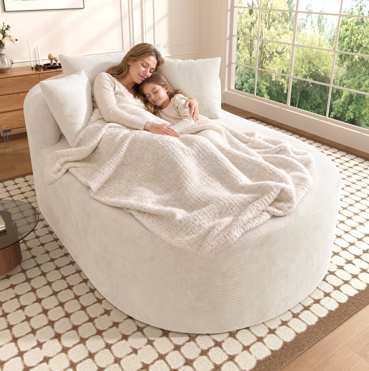 Fauteuil 1-Zits 170 X 112,5 X 83 Cm – Ovale Vorm Met Extra Diepe Zit – Voor Woonkamer, Slaapkamer En Leeshoek – Cordstof – Lichtbeige