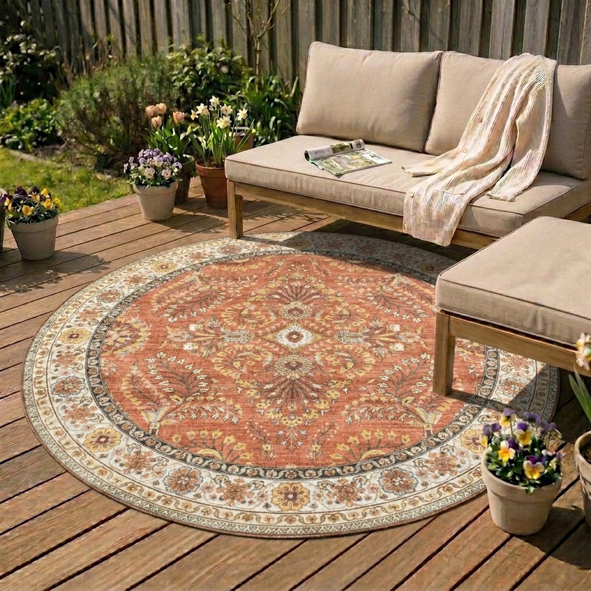 Fraai Rond vintage buitenkleed - Santo Flora Terracotta - Ø 120cm