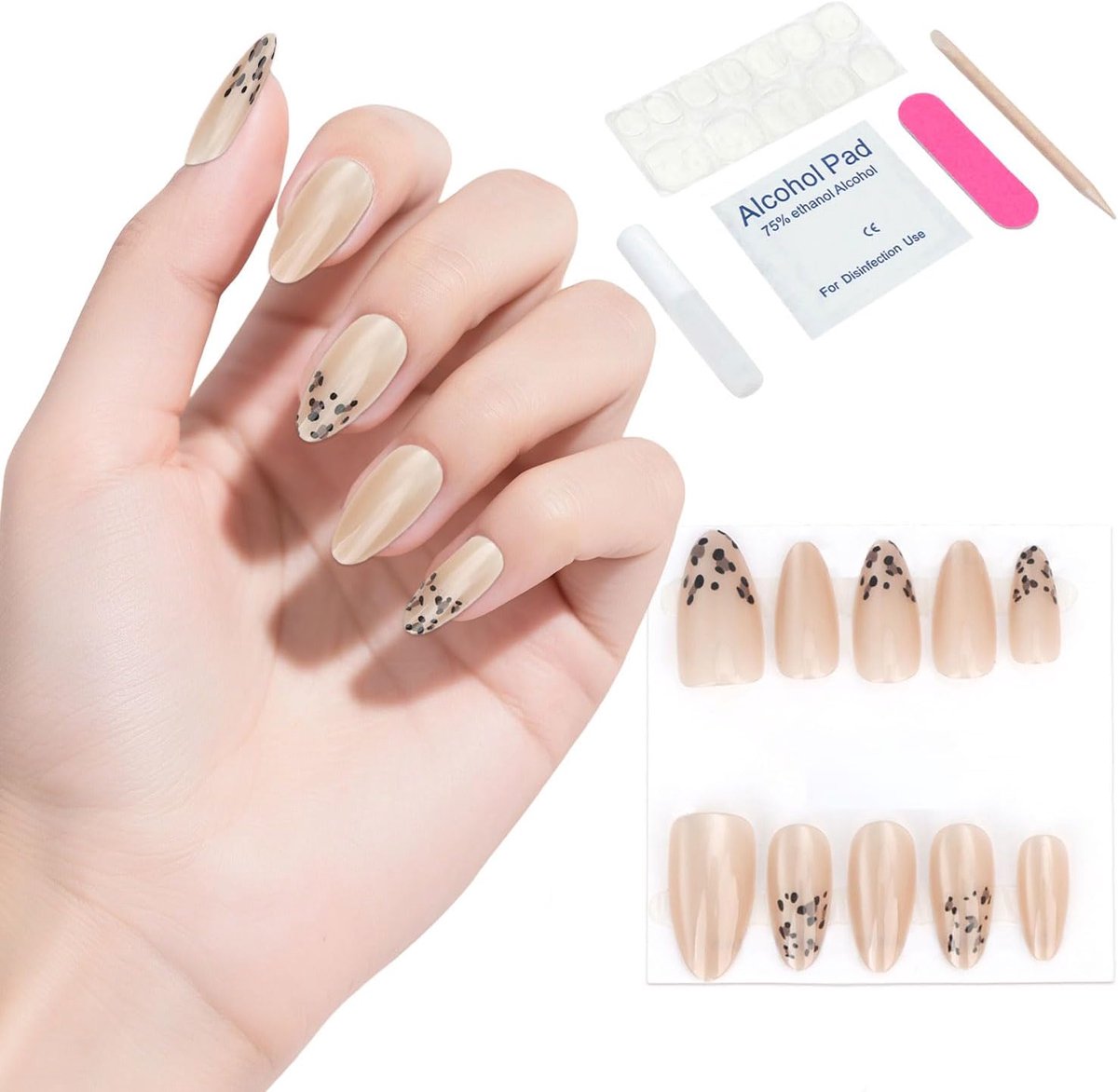 Korte kunstnagels om op te plakken, kattenoog, luipaardpatroon, 10 stuks met accessoires, zelfklevend nageldesign - ShopVlot