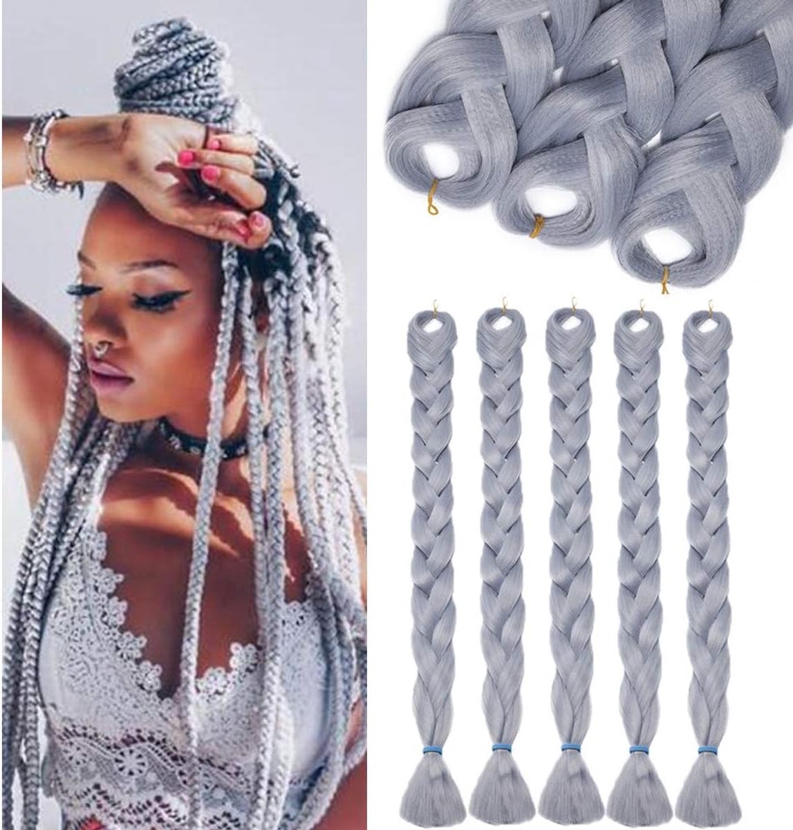SEGO Synthetic Crochet Braids, 165g/Bundle Braided Hair, Grey - ShopVlot