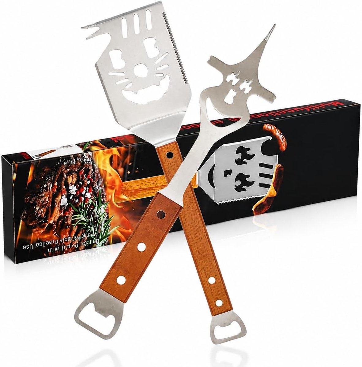 Multifunctionele BBQ Gereedschapsset - Roestvrij Staal - 7-in-1 Spatel met Houten Handvat - Voor BBQ-liefhebbers