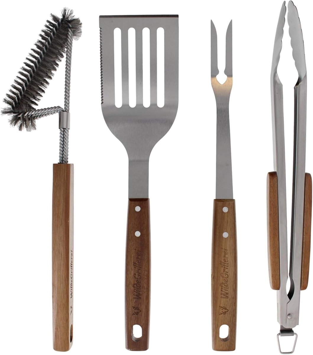 Barbecue Bestekset - Roestvrij Staal - 42 cm - Met Houten Handgrepen - Voor Grillliefhebbers