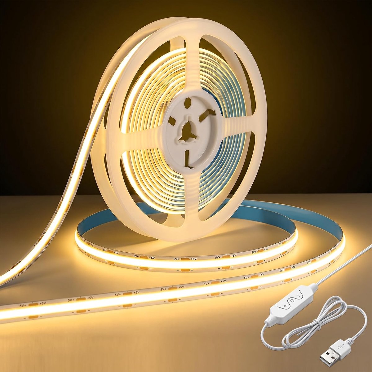 USB COB ledstrip, 1 m, 2700 K, warmwit, dimbaar, 320 leds/m, voor tv-achtergrondverlichting, onderkast, zelfklevende - ShopVlot