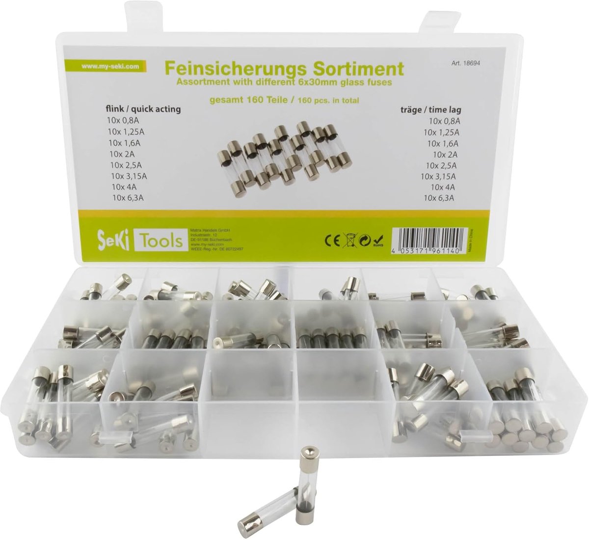 Fusassortiment 6x30 mm - glazen buis - 16 types - voor veilig gebruik - ShopVlot