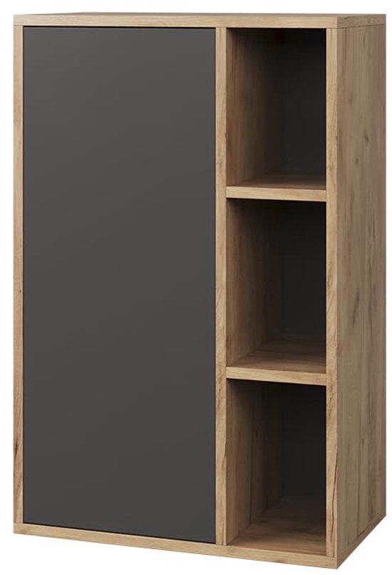Wandrek met een eikenhouten frame, een donkergrijze deur en drie open vakken.