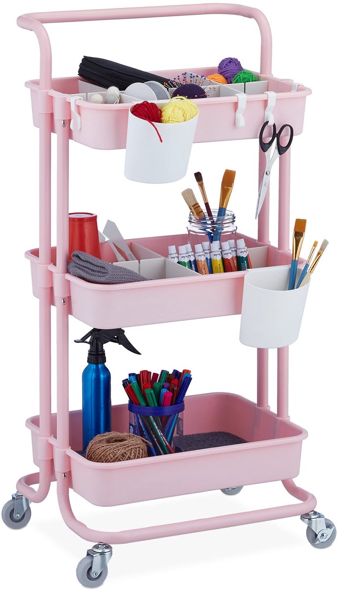 Famanu – Opbergtrolley met 3 etages, trolley voor keuken en kantoor, met 2 remmen, 86 x 43 x 42 cm, van metaal en kunststof, roze