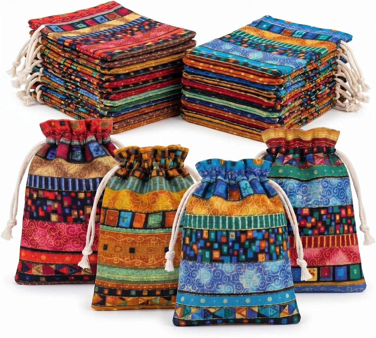Linnen tasjes onbedrukt - Etnische stijl - 10 x 14 cm - Katoen Linnen Cadeauzakjes met Trekkoord - Voor Feestelijke Gelegenheden