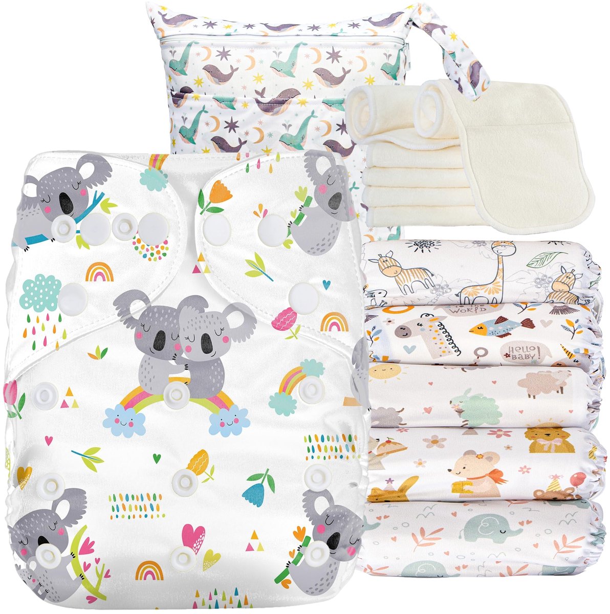 Kolo Set van 6 herbruikbare luiers + 6 wasbare stoffen luierinzetstukken bamboe + luiertas voor onderweg, uniseks - ShopVlot