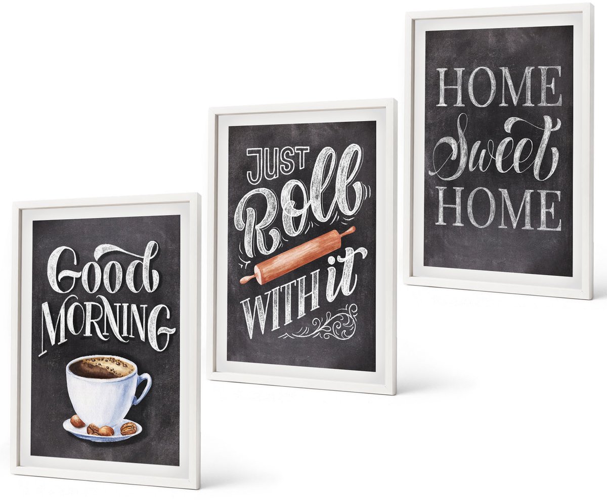 Coloray 3-Delige Schilderij Set - Home Keuken Motieven Schoolbord Lettering - 40 x 60 - Stijlvolle Wanddecoratie - Interieur
