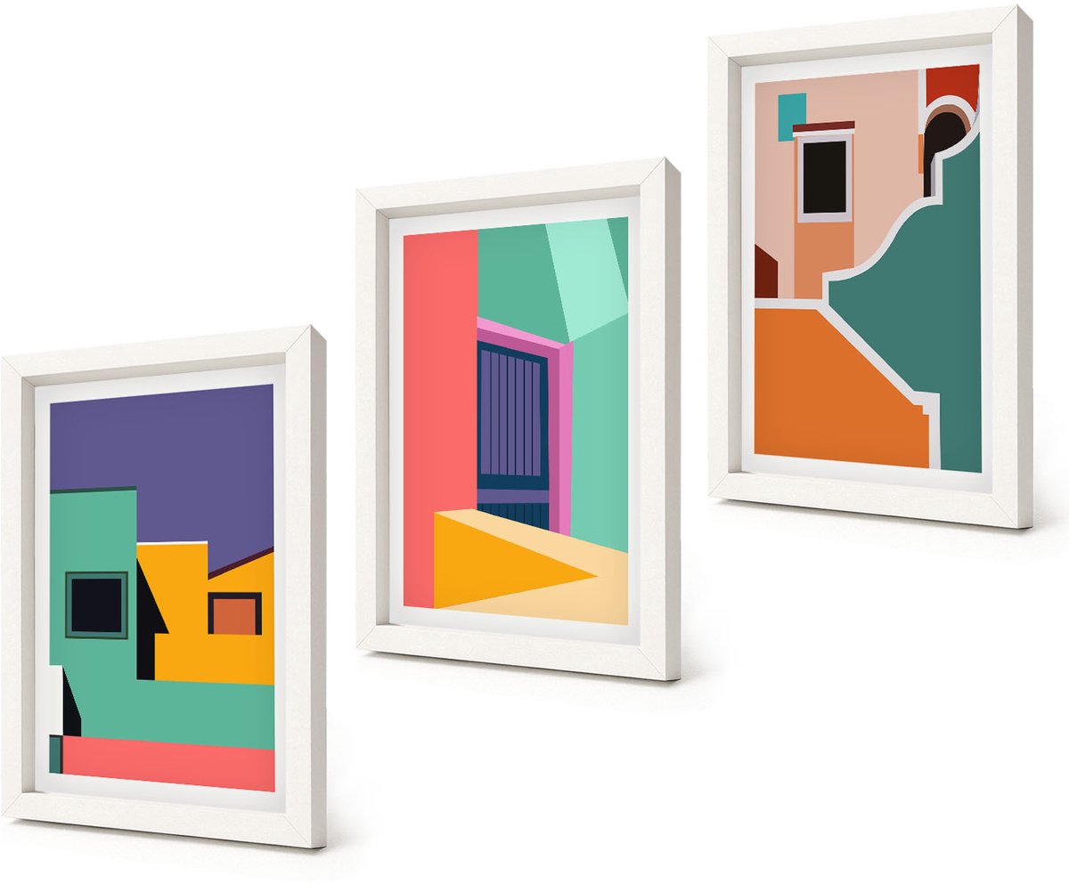 Coloray 3-Delige Schilderij Set - Kleurrijke stadsgezichten in een moderne stijl. - 20x30 - Decoratieve Muurdecoratie - Slaapkamer - Woonkamer Decoratie