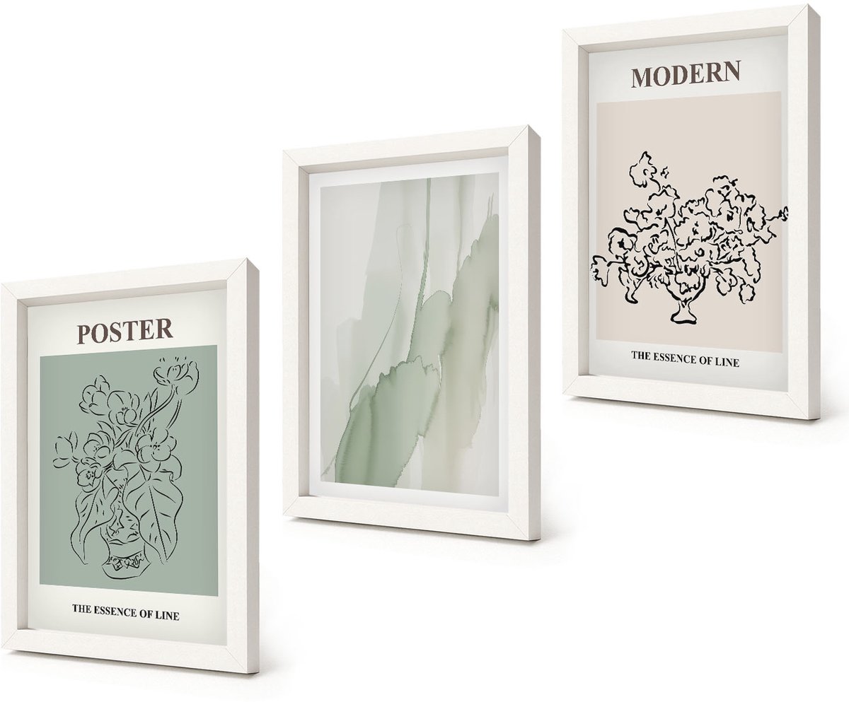 Coloray 3-Delige Schilderij Set - Bloemen in een vaas in een moderne en minimalistische stijl. - 20x30 - Wanddecoratie - Schilderijen Set - Interieur - Muurdecoratie