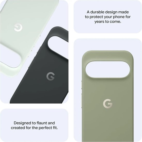 Lichtgroen en donkergrijs Google Pixel telefoonhoesje met G-logo. Groen hoesje met camera-uitsparing.