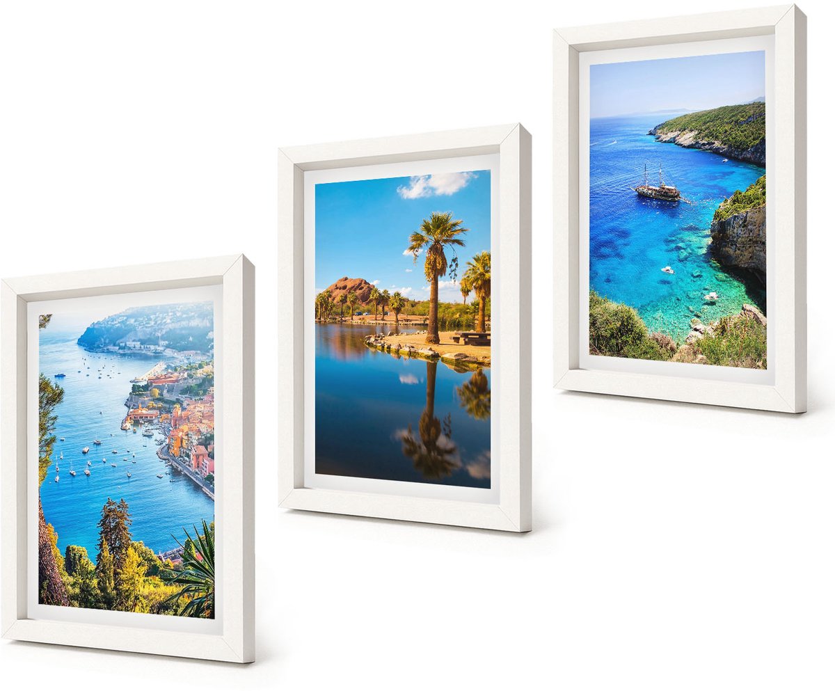 Coloray 3-Delige Schilderij Set - Uitzicht op zee met palmbomen en blauw water - 20x30 - Muurdecoratie - Decoratieve Schilderijen - Wohnzimmer - Wanddecoratie