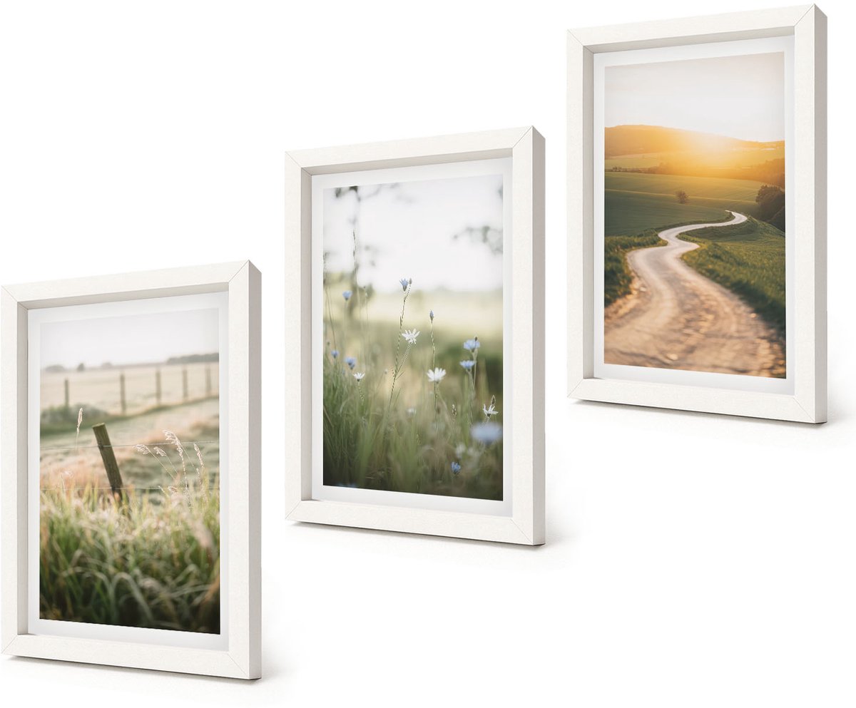 Coloray 3-Delige Schilderij Set - Landschap met een weide, een weg en een zonsondergang. - 20x30 - Wanddecoratie - Muurdecoratie - Moderne Interieurdecoratie - Moderne Wanddecoratie