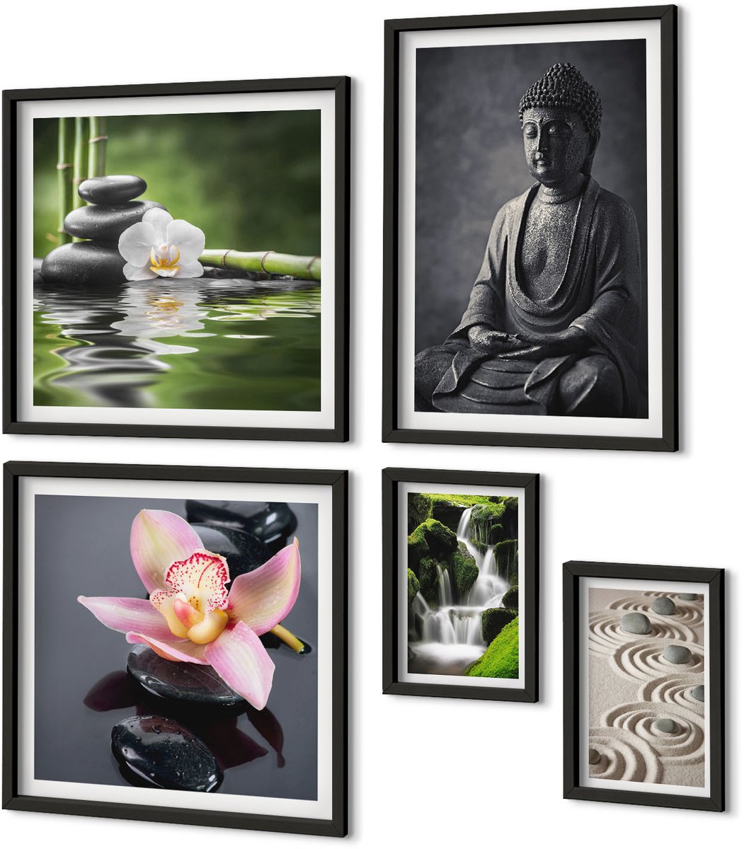 Coloray 5-Delige Schilderij Set - Een Ontspannende Zen-Sfeer Met Elementen Uit De Natuur En Meditatie. - 50 x 50 cm, 20 x 30 cm En 40 x 60 cm - Wanddecoratie - Schilderijen Set - Kantoor - Interieur Decoratie Zwarte lijst