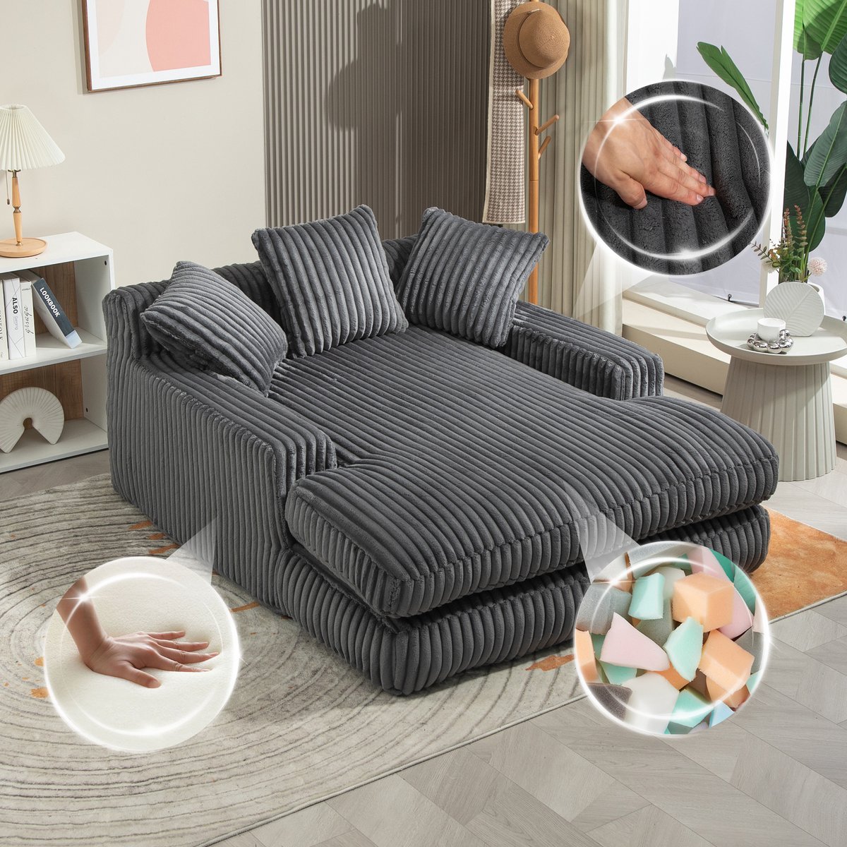 Cord cloud loungesofa met slaapfunctie - voor woonkamer, kantoor en slaapkamer - 1 persoon, 125x155 cm - donkergrijs - 3 kussens inbegrepen - geen montage nodig - draagvermogen 150 kg